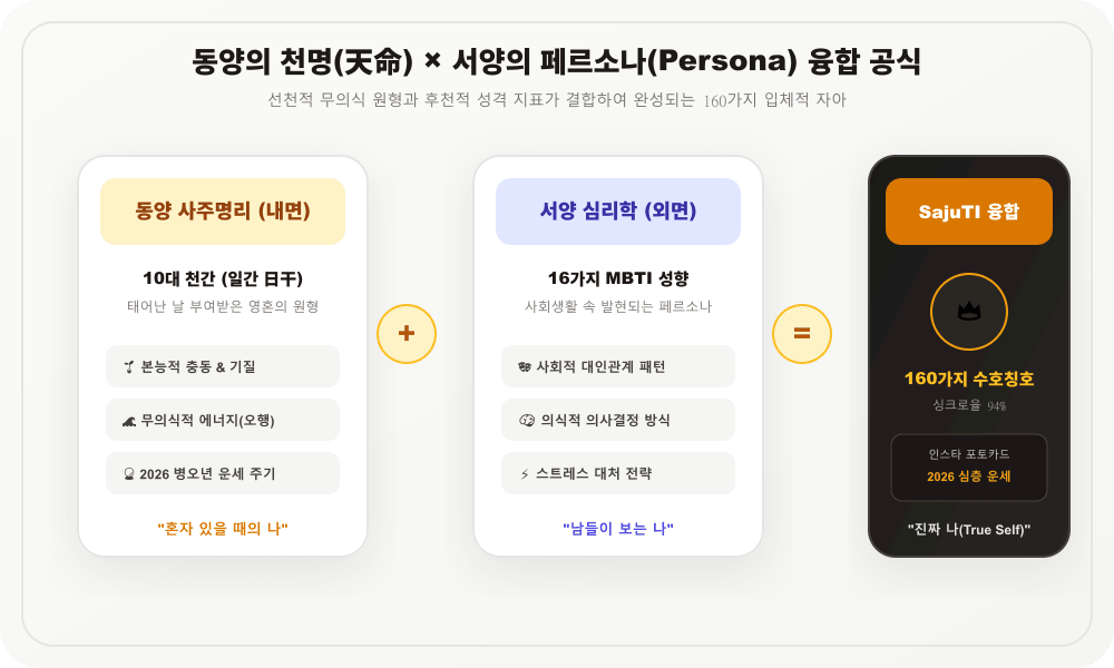 동양의 천명(사주 일간)과 서양의 페르소나(MBTI)가 결합하여 160가지 입체적 자아를 완성하는 융합 공식 다이어그램