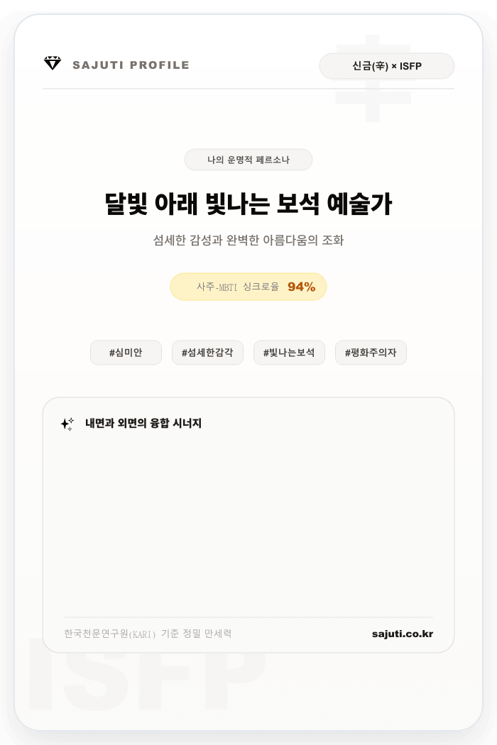 신금(辛金)과 ISFP가 결합된 달빛 아래 보석 예술가 포토카드 샘플